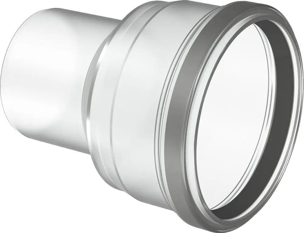 Weißes Verbindungselement von Bosch mit zwei unterschiedlichen Durchmessern, geeignet für Abgassysteme, präsentiert in schmaler, zylindrischer Form.